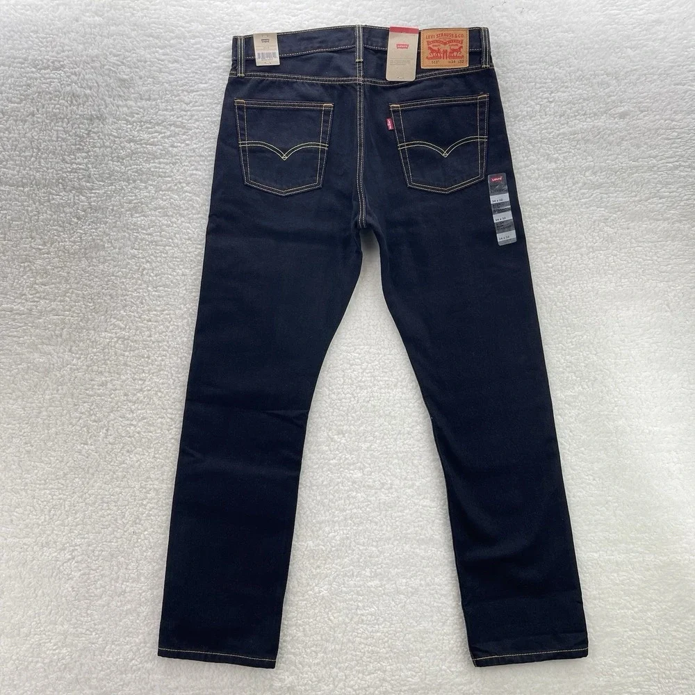 Levis 513 Jeans Mens 34x32 Blue Black Slim Straight Dark Wash Stretch Denim NEW